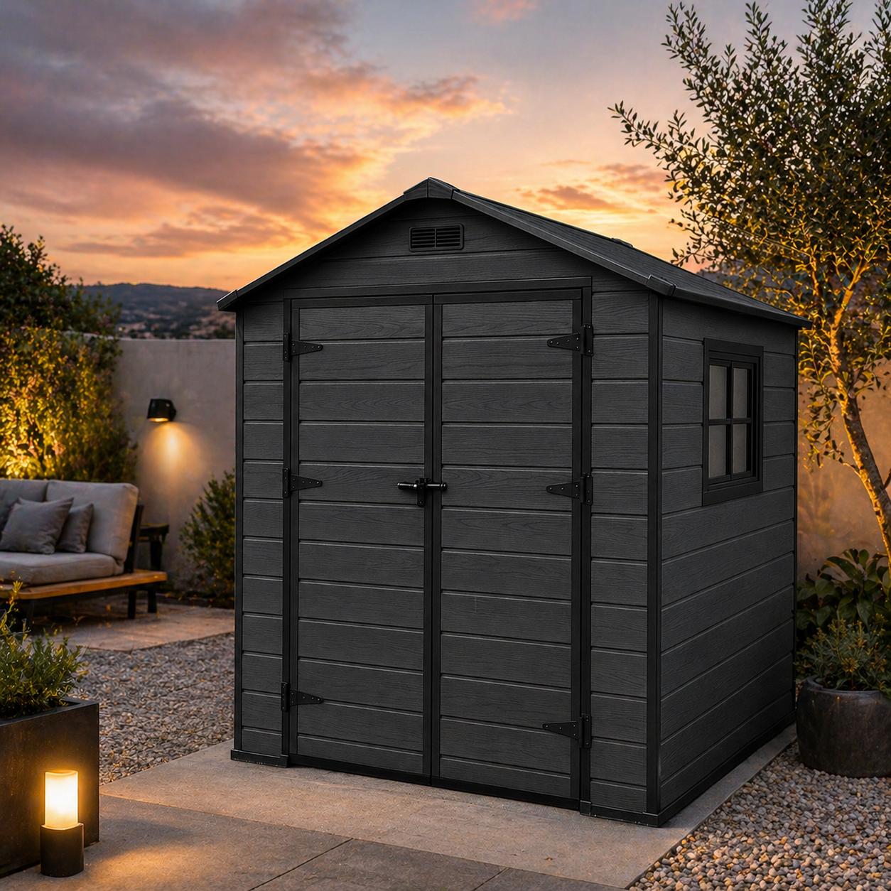 Magazie gradina pentru unelte, cu usa dubla si ventilatie, PVC imitatie lemn, 182x181x219 cm, negru - Image 3