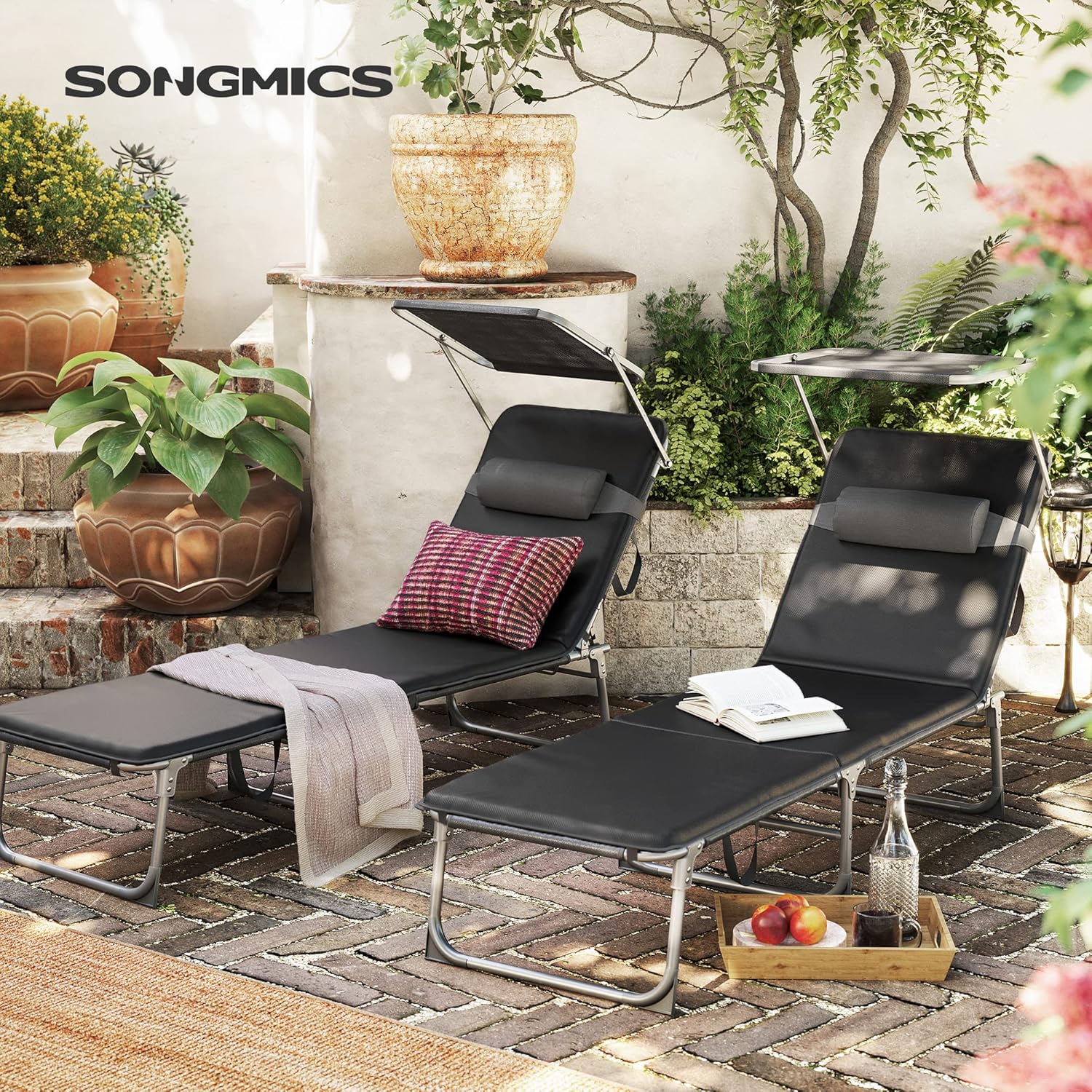SONGMICS Sezlong pliabil cu saltea, parasolar si tetiera, spatar reglabil 4 pozitii, cadru metalic, 193x53x29 cm, maxim 150 kg, negru - Image 4