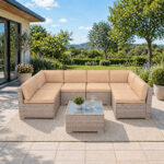 Set mobilier gradina 7 piese, canapea modulara colt L sau U, perne groase, masa cu blat sticla, technoratan, bej