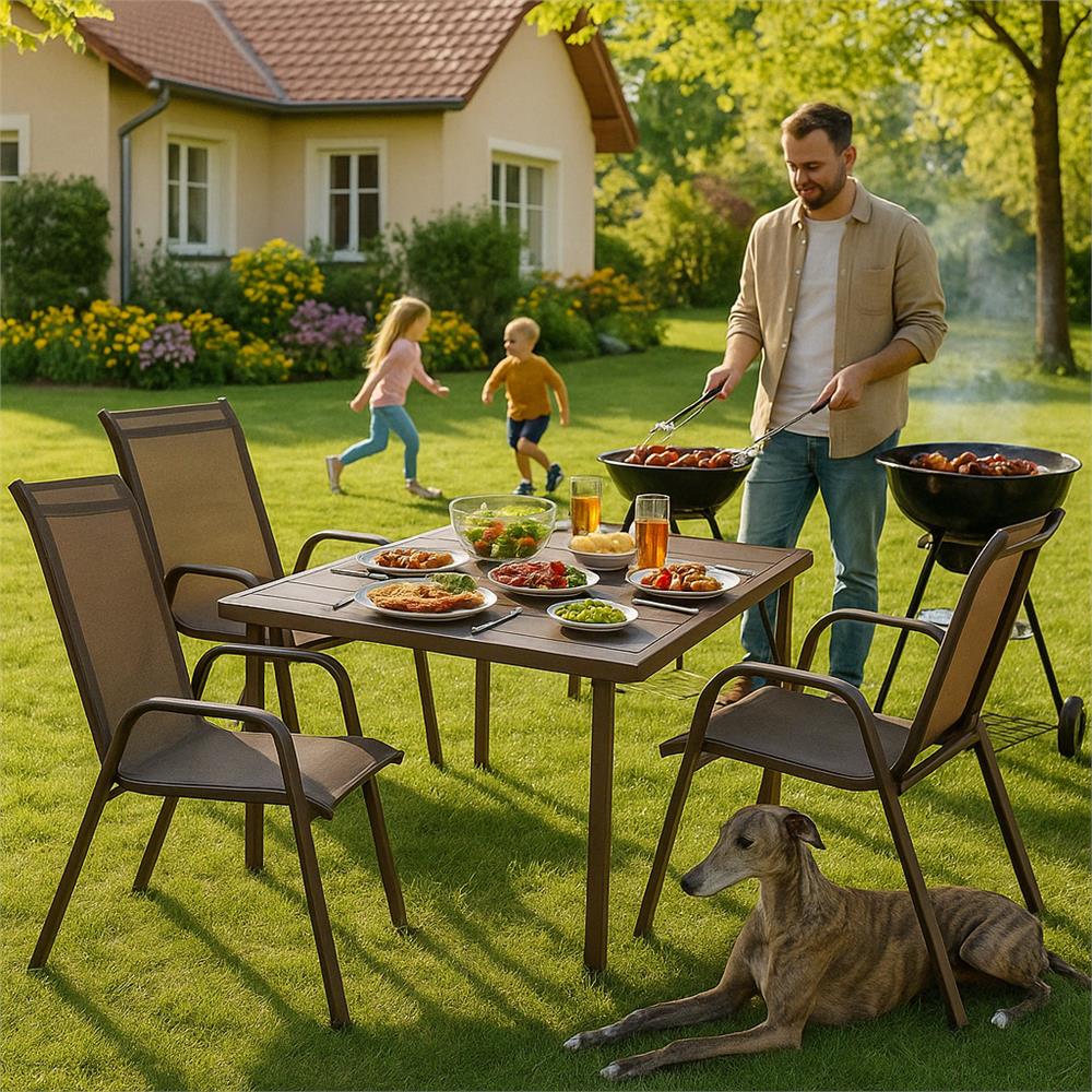 Set 2 scaune gradina, cadru metalic, textilene, maxim 120 kg, 92x53x72 cm, maro - Image 14