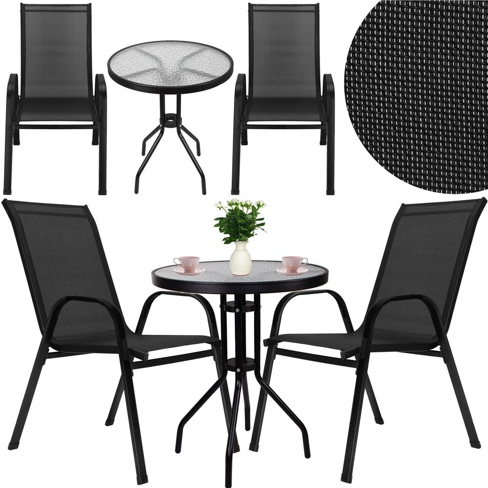 Set mobilier gradina, 2 scaune si masa rotunda, blat sticla, cadru metalic, 60x70 cm, negru - Image 2