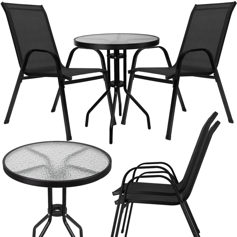 Set mobilier gradina, 2 scaune si masa rotunda, blat sticla, cadru metalic, 60x70 cm, negru - Image 3