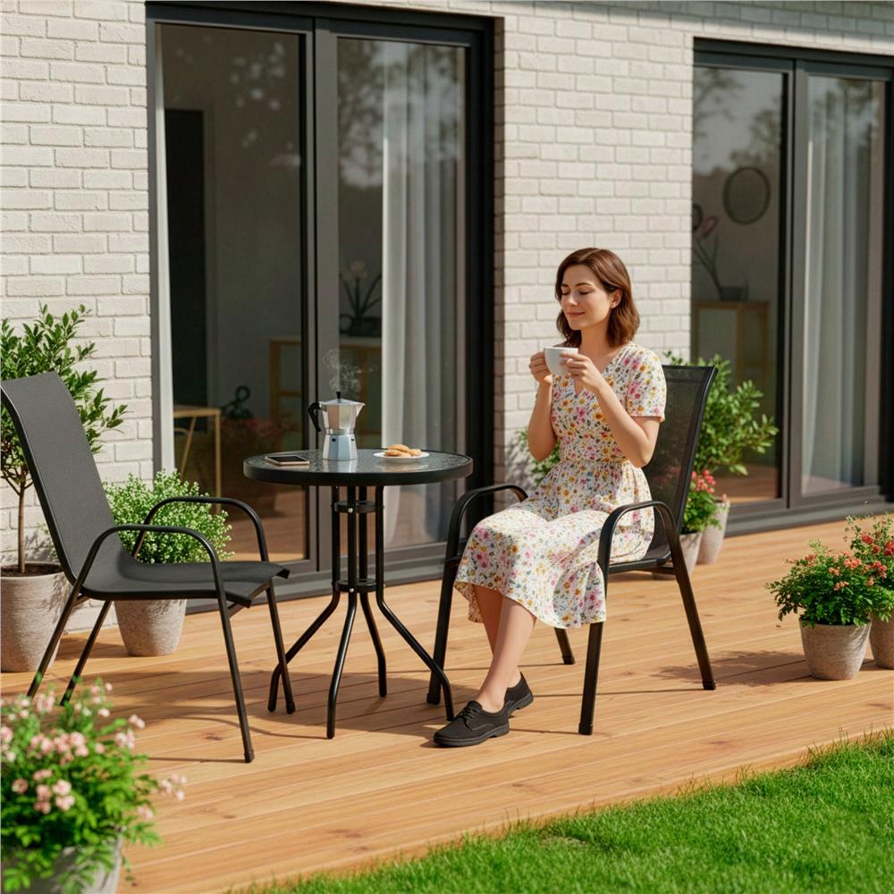 Set mobilier gradina, 2 scaune si masa rotunda, blat sticla, cadru metalic, 60x70 cm, negru - Image 30