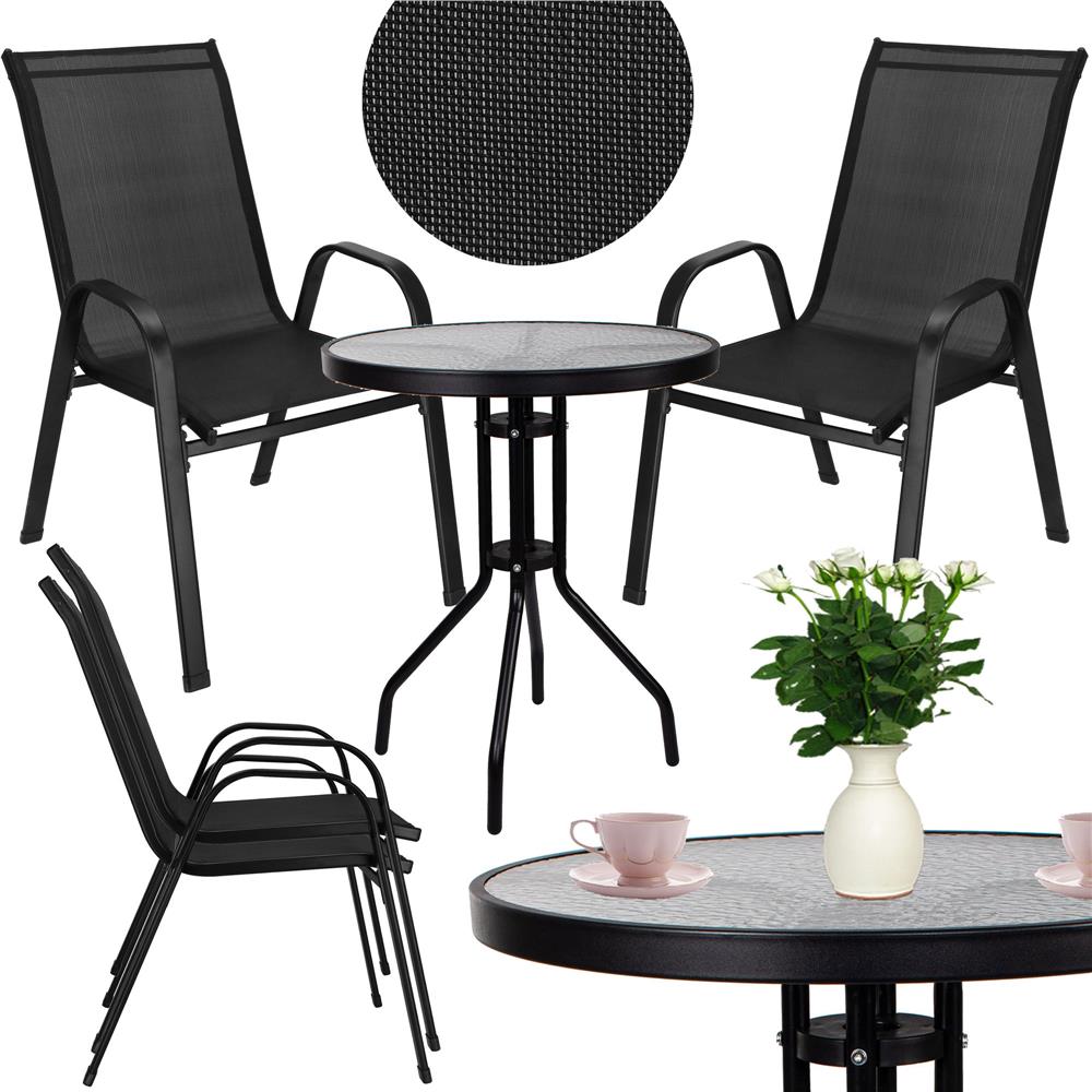 Set mobilier gradina, 2 scaune si masa rotunda, blat sticla, cadru metalic, 60x70 cm, negru - Image 4