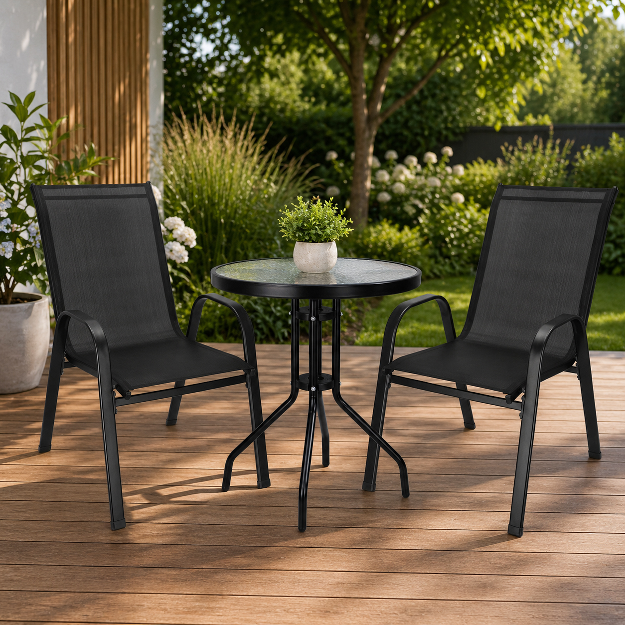 Set mobilier gradina, 2 scaune si masa rotunda, blat sticla, cadru metalic, 60x70 cm, negru - Image 32