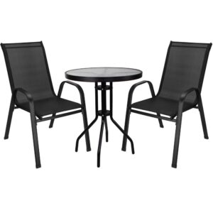 Set mobilier gradina, 2 scaune si masa rotunda, blat sticla, cadru metalic, 60x70 cm, negru