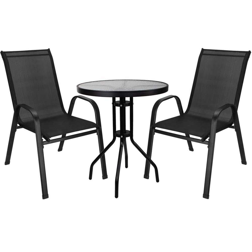 Set mobilier gradina, 2 scaune si masa rotunda, blat sticla, cadru metalic, 60x70 cm, negru