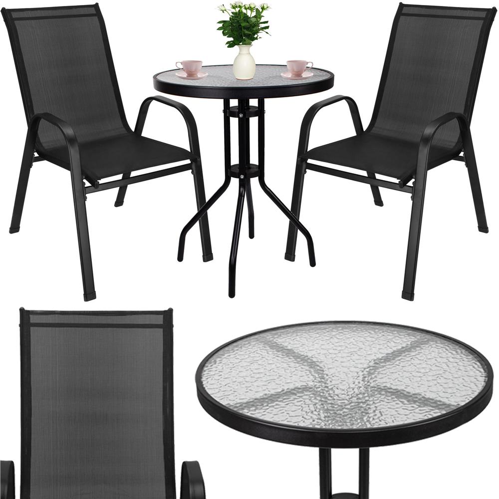 Set mobilier gradina, 2 scaune si masa rotunda, blat sticla, cadru metalic, 60x70 cm, negru - Image 6