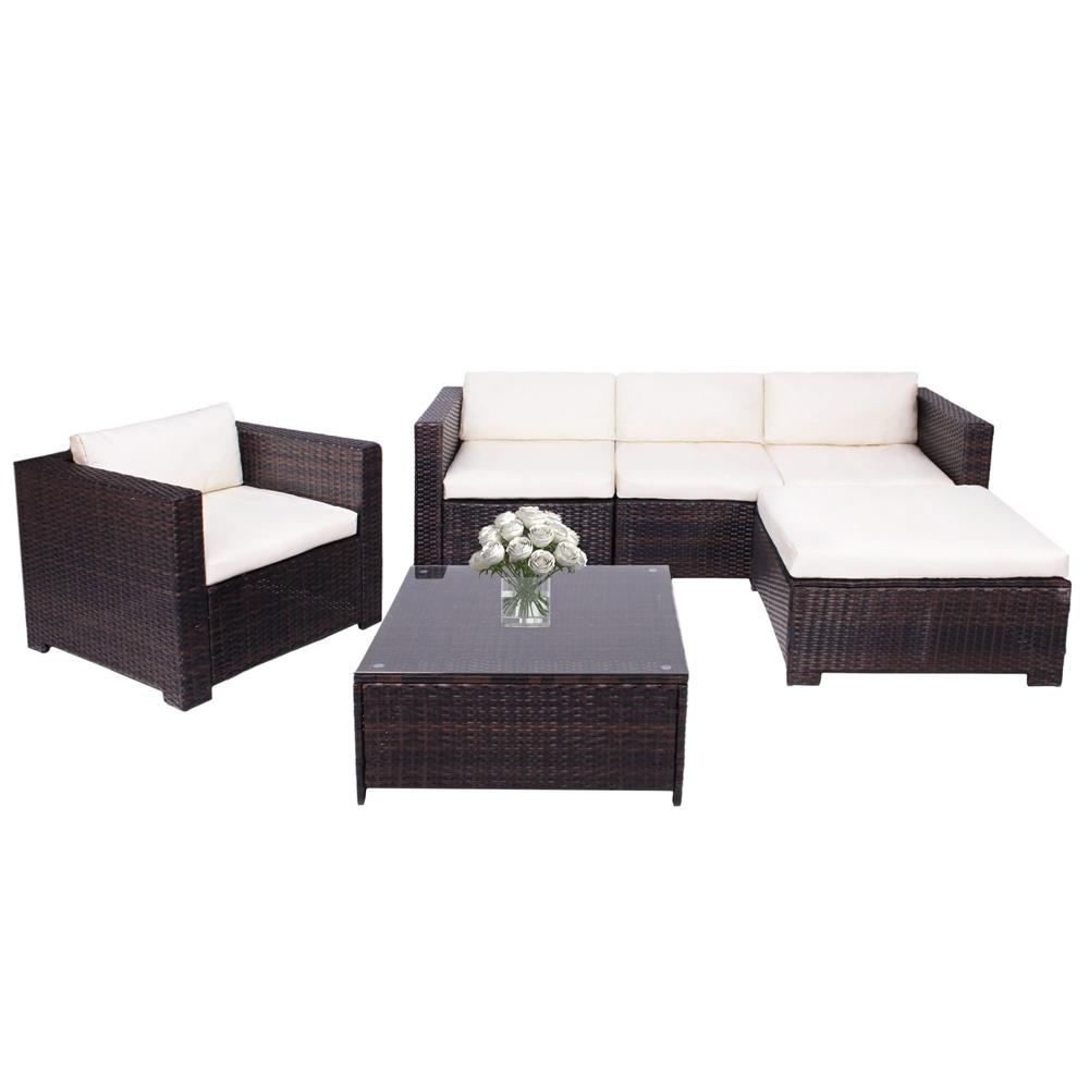 Set mobilier gradina 6 piese din technorattan cu masa si perne, instalare modulara configurabila, maro si crem - Image 2