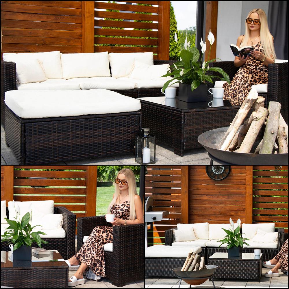 Set mobilier gradina 6 piese din technorattan cu masa si perne, instalare modulara configurabila, maro si crem - Image 31