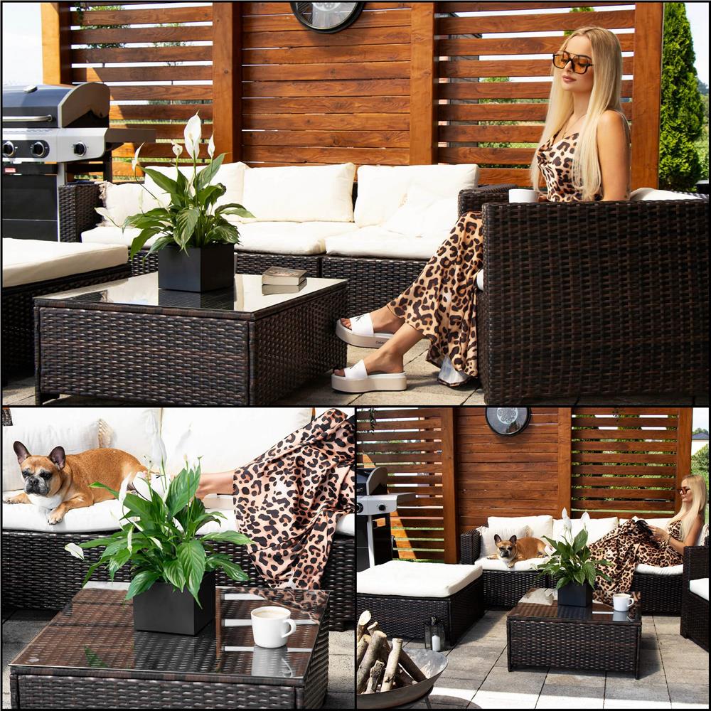 Set mobilier gradina 6 piese din technorattan cu masa si perne, instalare modulara configurabila, maro si crem - Image 32