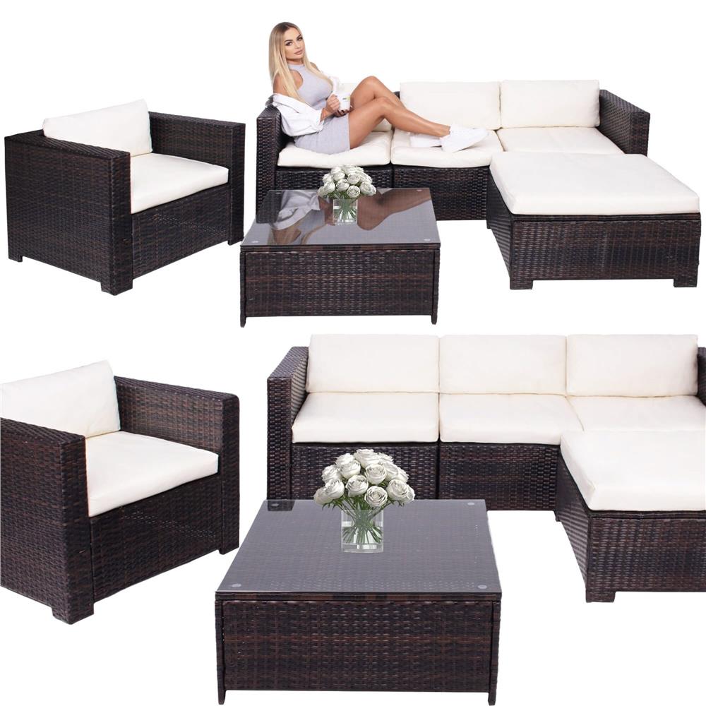 Set mobilier gradina 6 piese din technorattan cu masa si perne, instalare modulara configurabila, maro si crem - Image 6