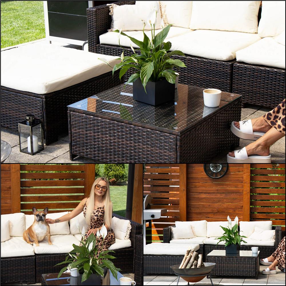 Set mobilier gradina 6 piese din technorattan cu masa si perne, instalare modulara configurabila, maro si crem - Image 33