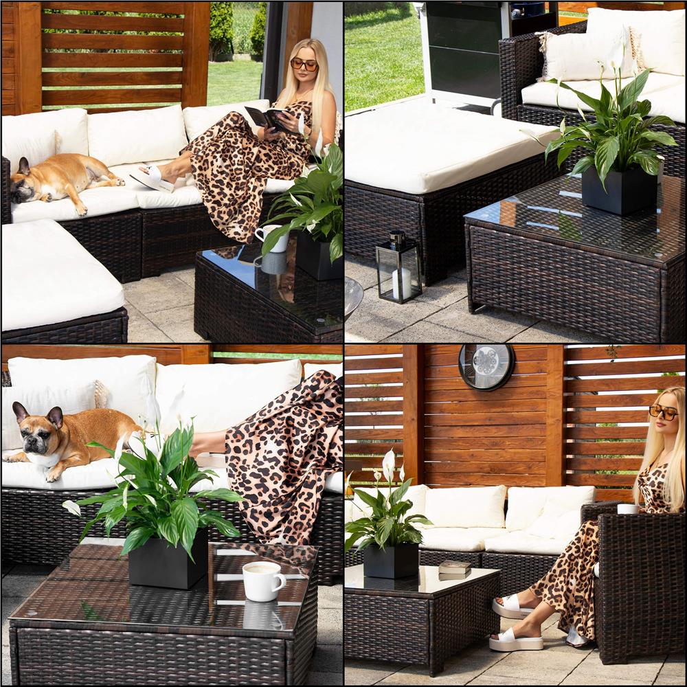 Set mobilier gradina 6 piese din technorattan cu masa si perne, instalare modulara configurabila, maro si crem - Image 34