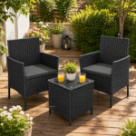 SONGMICS Set mobilier gradina cu 2 locuri, 2 scaune si masa cu sticla, ratan PE, negru si gri