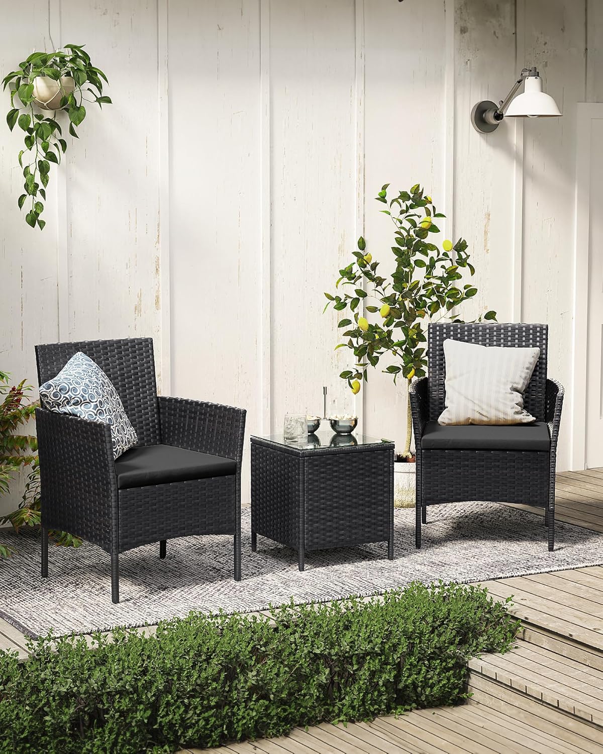 SONGMICS Set mobilier gradina cu 2 locuri, 2 scaune si masa cu sticla, ratan PE, negru si gri - Image 5