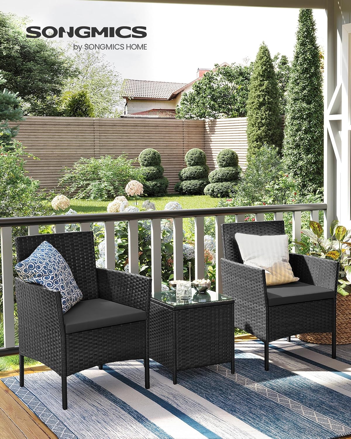 SONGMICS Set mobilier gradina cu 2 locuri, 2 scaune si masa cu sticla, ratan PE, negru si gri - Image 7