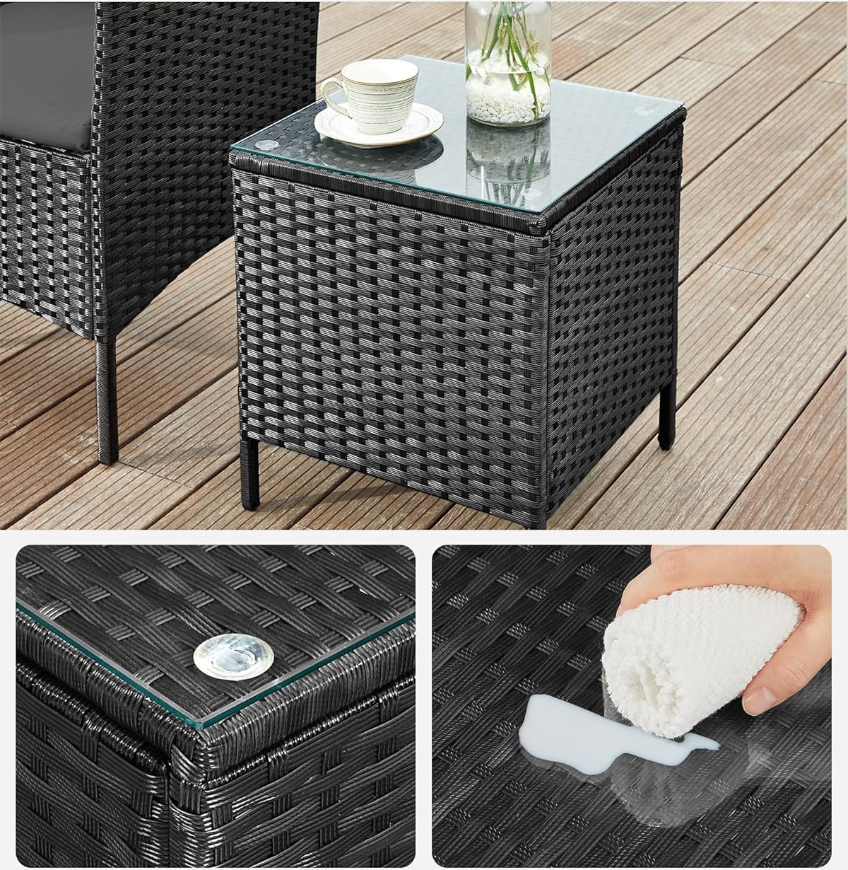 SONGMICS Set mobilier gradina cu 2 locuri, 2 scaune si masa cu sticla, ratan PE, negru si gri - Image 8