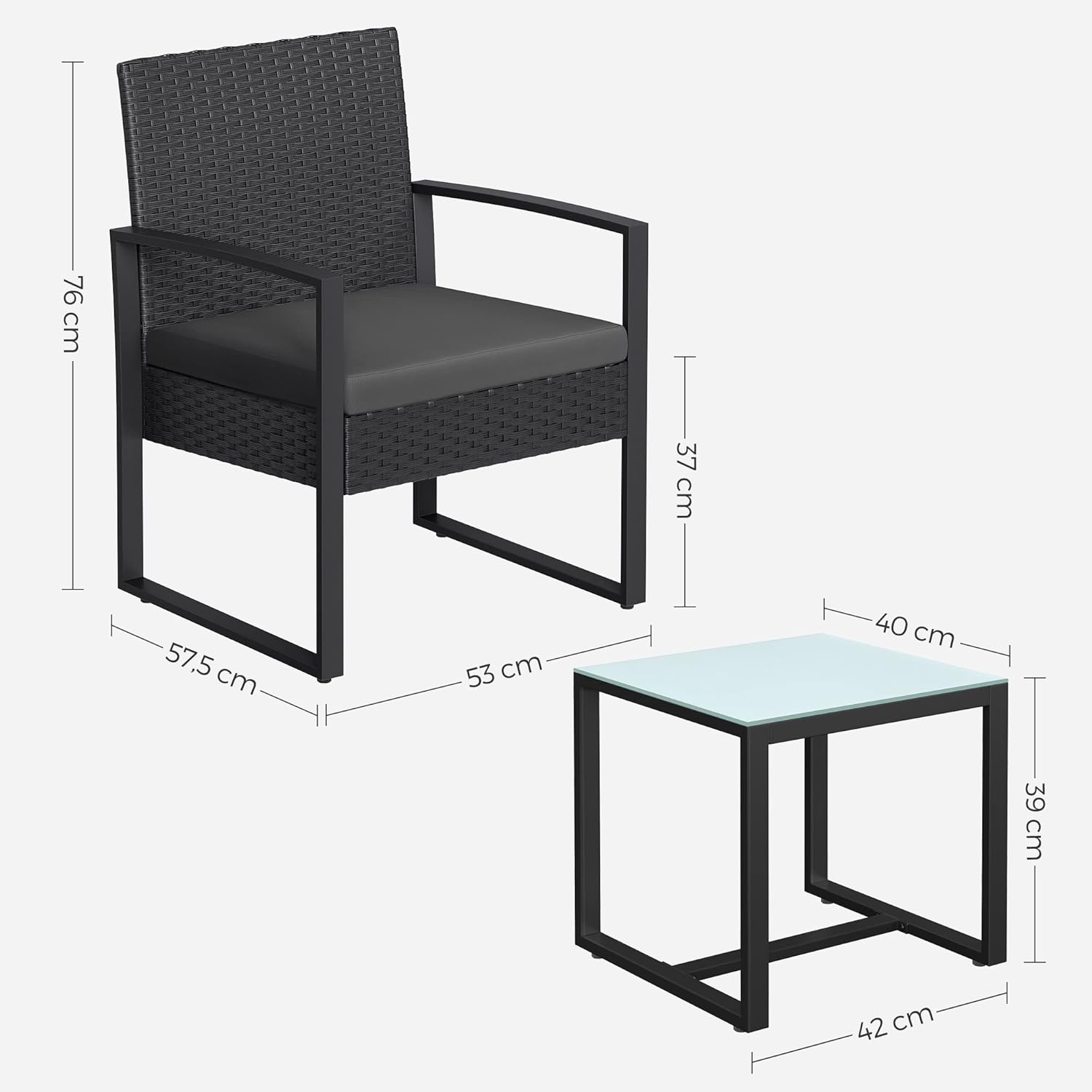 SONGMICS Set mobilier pentru gradina cu 2 scaune cu perne si masuta, cadru metalic, impletitura PE, negru si gri - Image 2