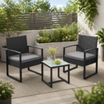 SONGMICS Set mobilier pentru gradina cu 2 scaune cu perne si masuta, cadru metalic, impletitura PE, negru si gri