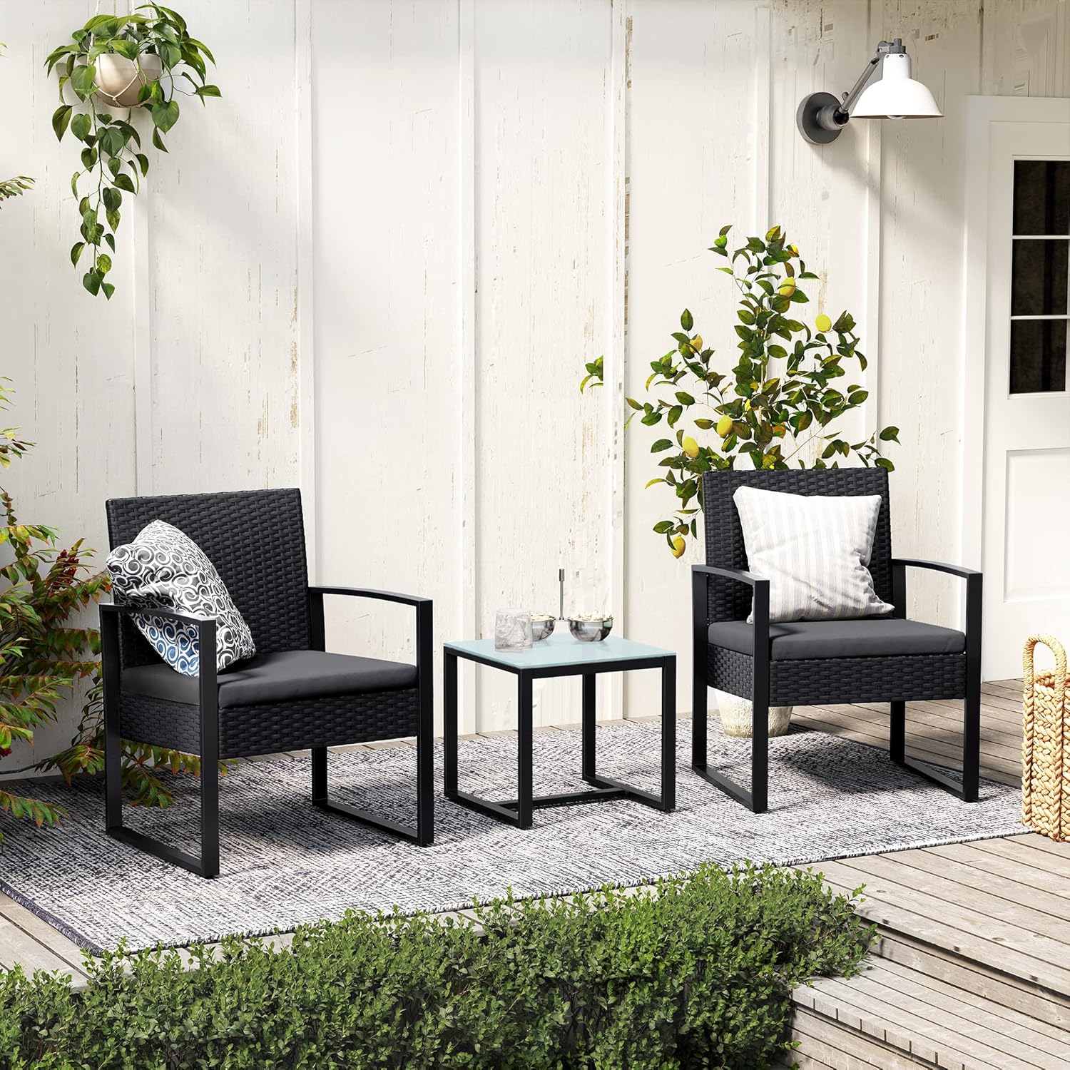 SONGMICS Set mobilier pentru gradina cu 2 scaune cu perne si masuta, cadru metalic, impletitura PE, negru si gri - Image 4