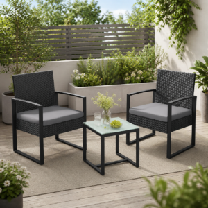 SONGMICS Set mobilier pentru gradina cu 2 scaune cu perne si masuta, cadru metalic, impletitura PE, negru si gri