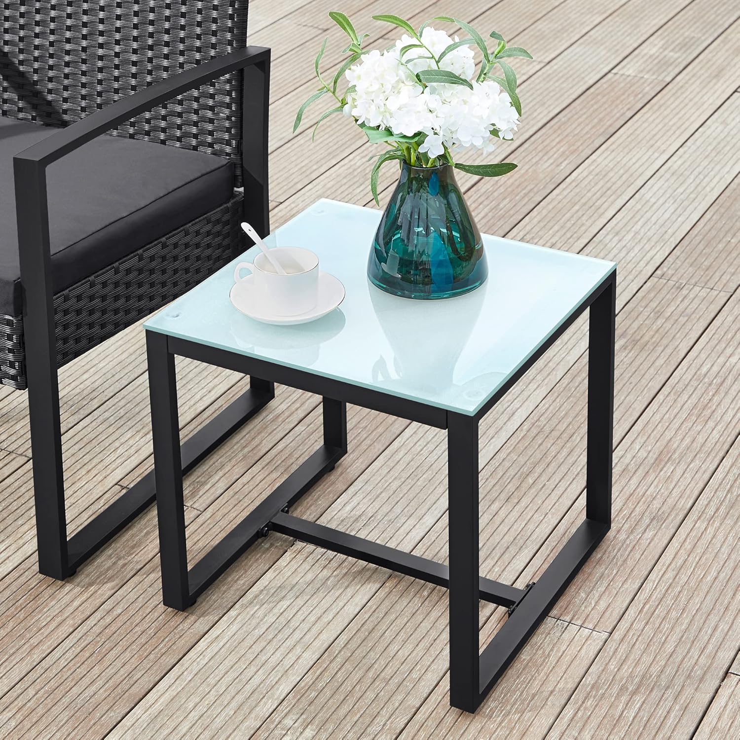 SONGMICS Set mobilier pentru gradina cu 2 scaune cu perne si masuta, cadru metalic, impletitura PE, negru si gri - Image 6
