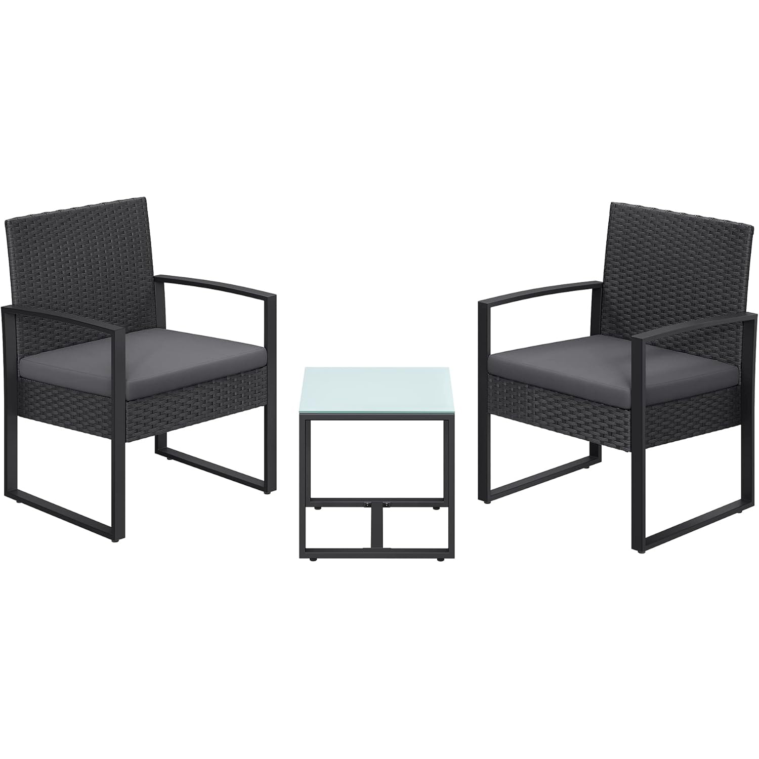 SONGMICS Set mobilier pentru gradina cu 2 scaune cu perne si masuta, cadru metalic, impletitura PE, negru si gri - Image 9