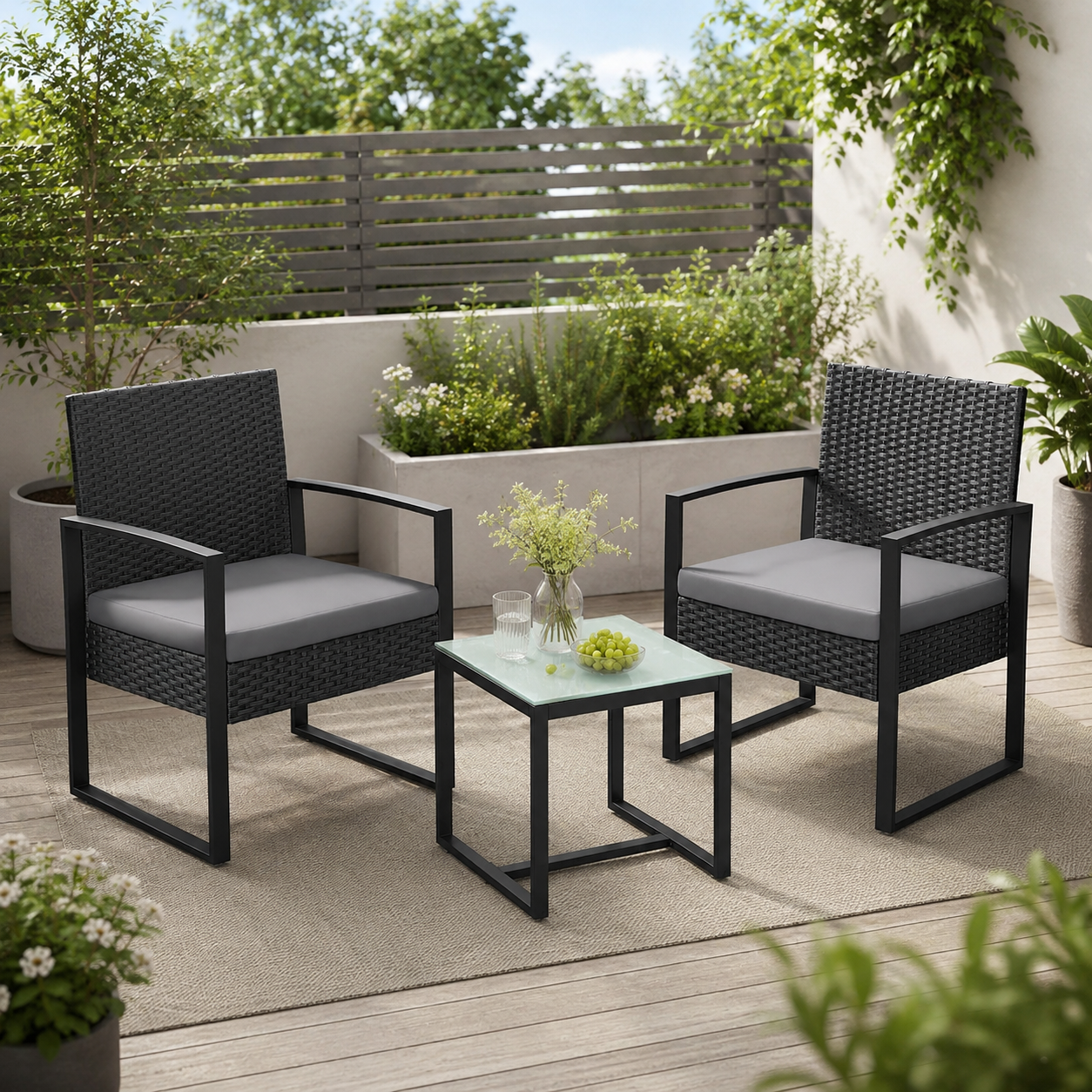 SONGMICS Set mobilier pentru gradina cu 2 scaune cu perne si masuta, cadru metalic, impletitura PE, negru si gri