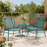 SONGMICS Set bistro gradina 3 piese, scaune Acapulco si masa diametru 50 cm, cadru metalic, albastru