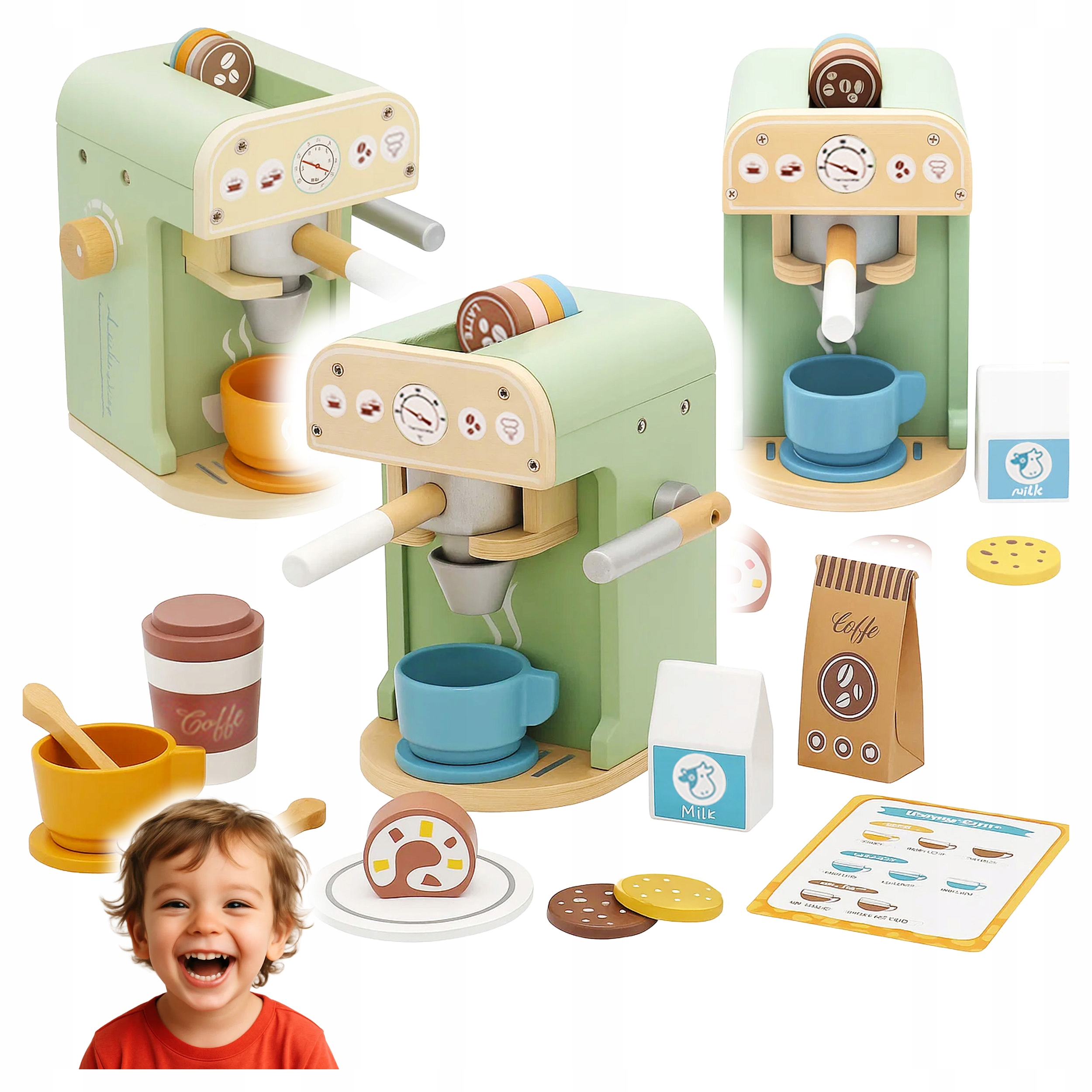 Set jucarie cafenea din lemn pentru copii, aparat cafea Espressor cu accesorii, 20x12x14 cm, multicolor - Image 2