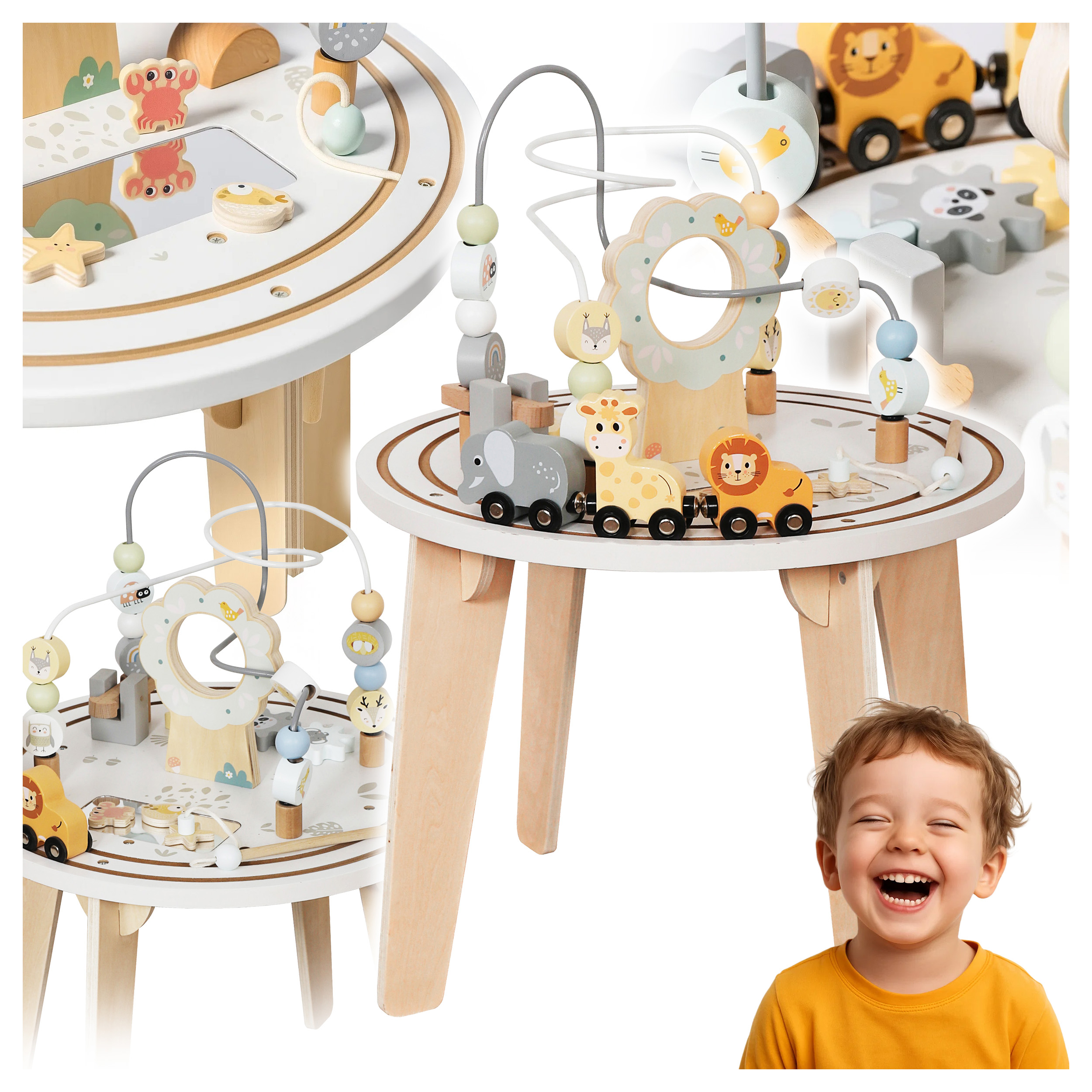 Masuta interactiva din lemn pentru copii cu labirint si jocuri motorii, 54 cm, multicolor - Image 10