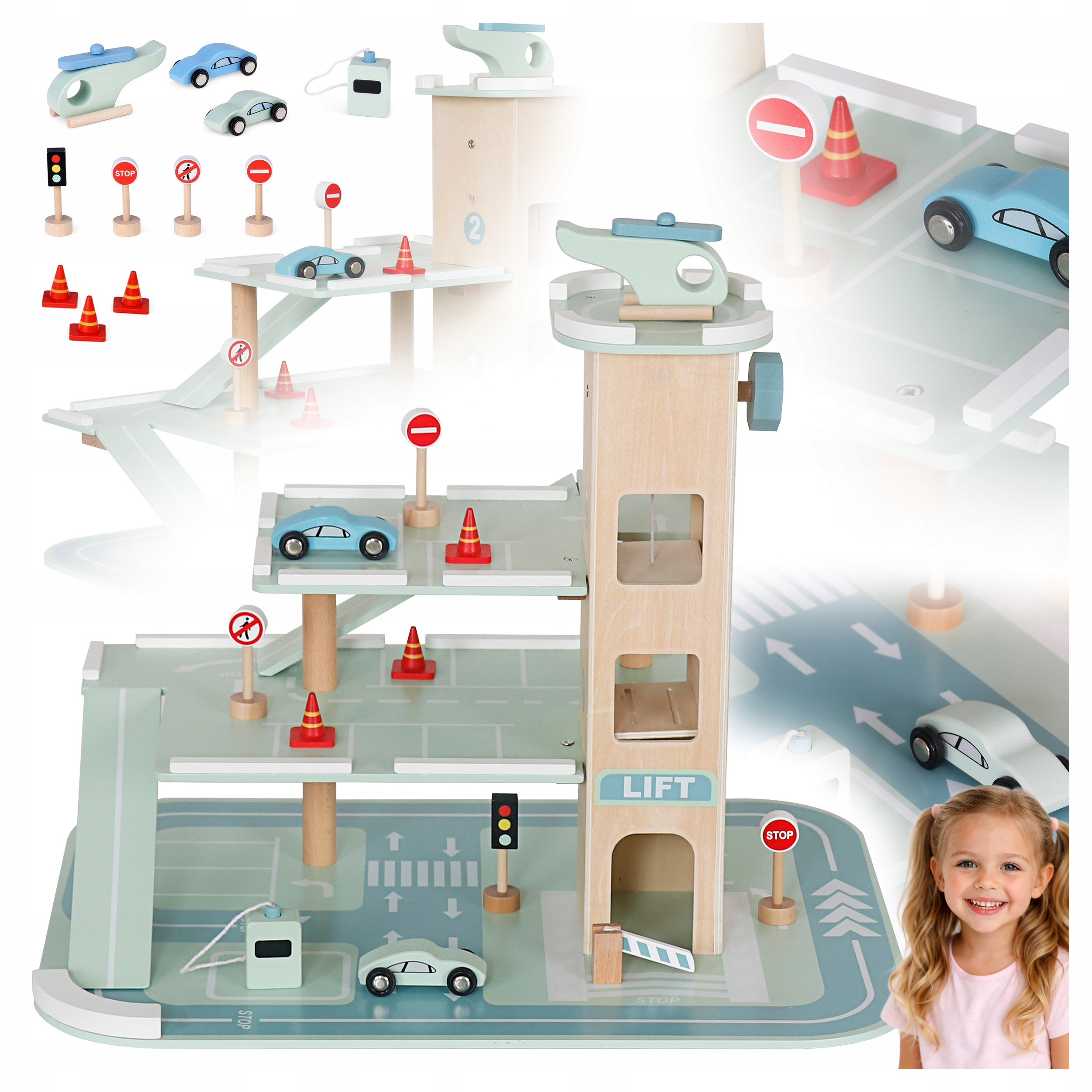 Parcare auto din lemn 3 niveluri cu lift si heliport, 48x36x37 cm, multicolor - Image 2