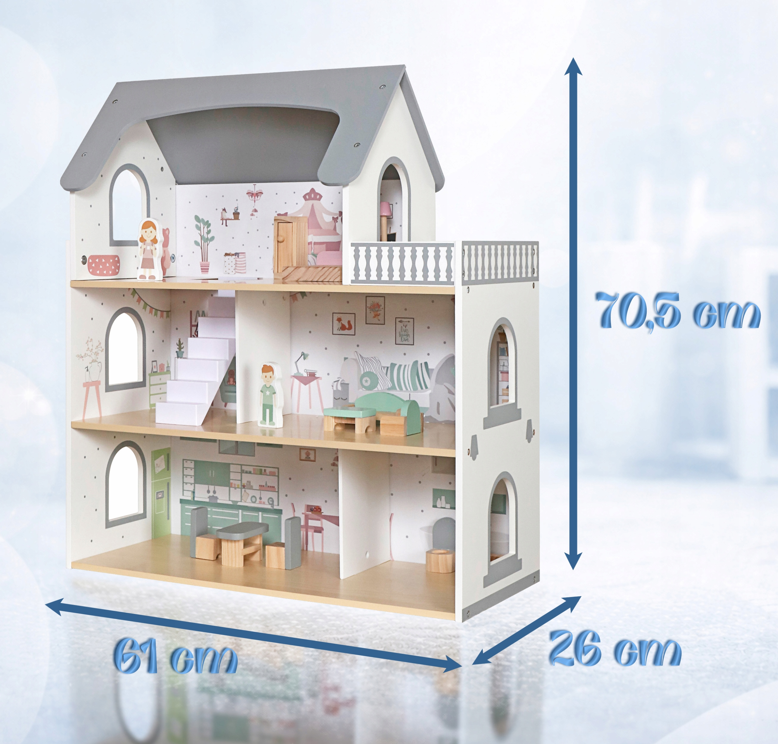 Casuta pentru papusi din lemn cu 3 niveluri, mobilier si accesorii, 61x26x71 cm, multicolor - Image 4