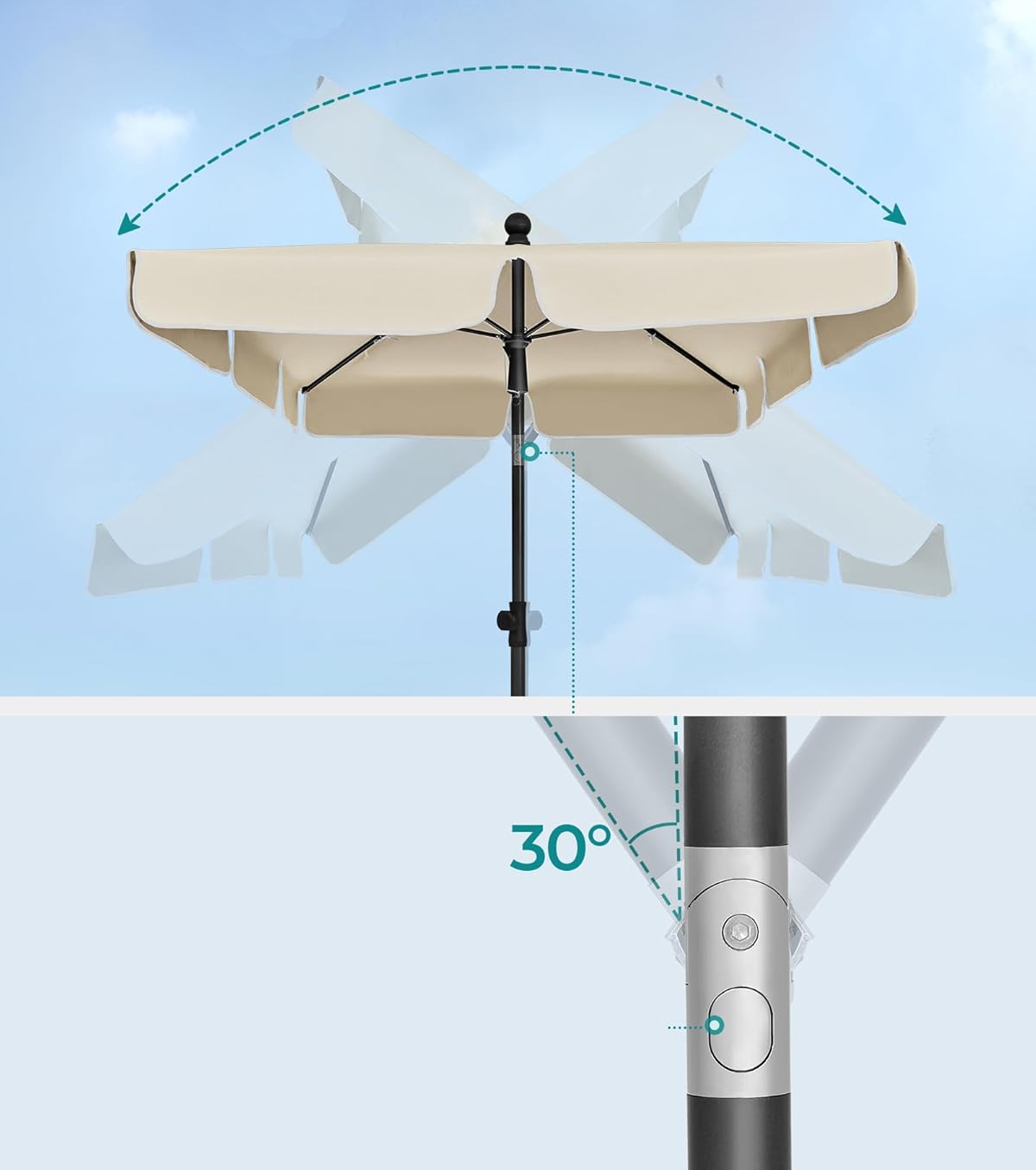 SONGMICS Umbrela terasa sau gradina reglabila, inclinare 2 directii, protectie UV UPF 50+, husa inclusa, 230x150 cm, bej - Image 2