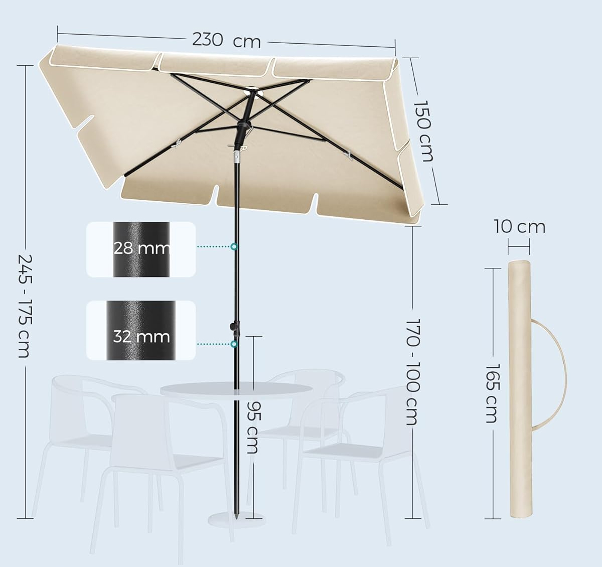 SONGMICS Umbrela terasa sau gradina reglabila, inclinare 2 directii, protectie UV UPF 50+, husa inclusa, 230x150 cm, bej - Image 4