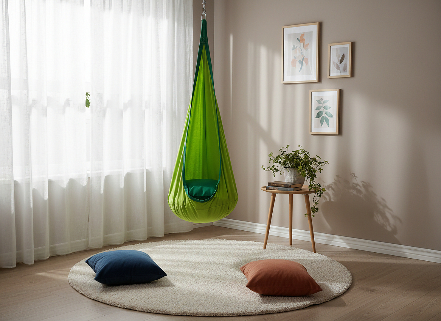 Leagan suspendat tip cocon pentru copii 70x150 cm, textil, pentru interior si exterior, verde - Image 2