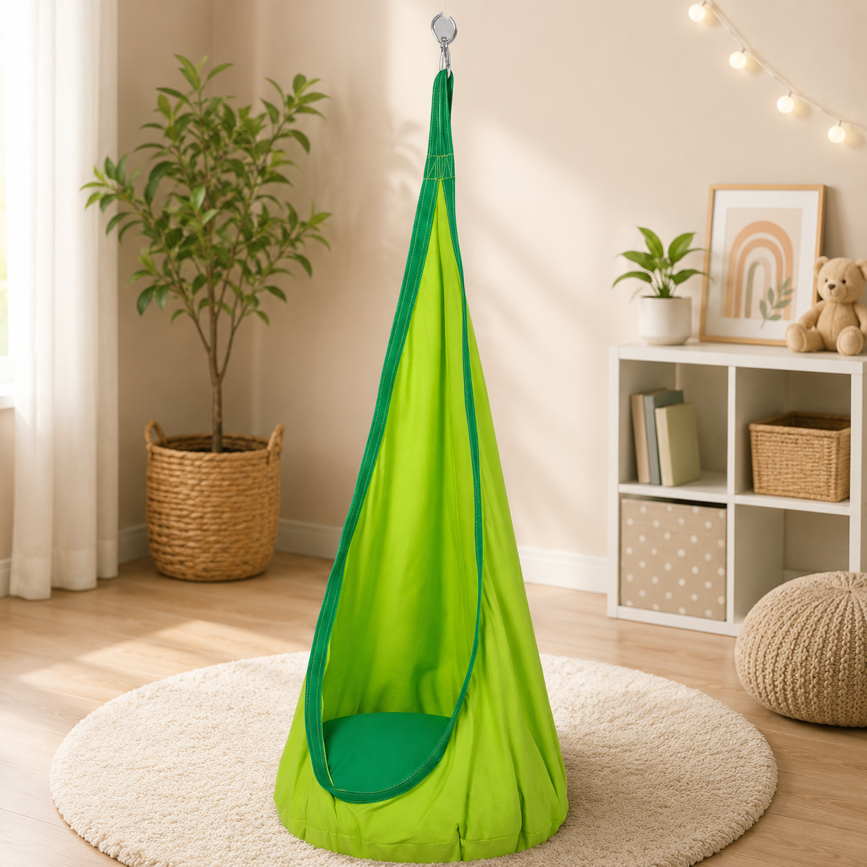 Leagan suspendat tip cocon pentru copii 70x150 cm, textil, pentru interior si exterior, verde - Image 5