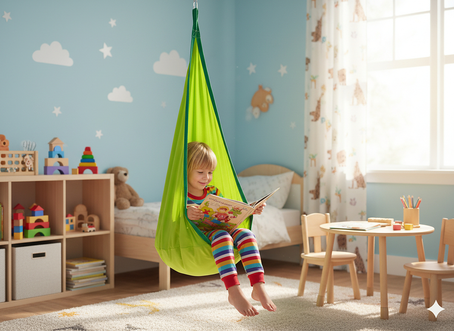 Leagan suspendat tip cocon pentru copii 70x150 cm, textil, pentru interior si exterior, verde - Image 3