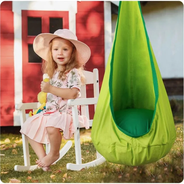 Leagan suspendat tip cocon pentru copii 70x150 cm, textil, pentru interior si exterior, verde - Image 6