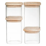 Set 4 borcane depozitare ermetice 5Five, sticla borosilicata si capac lemn, transparent