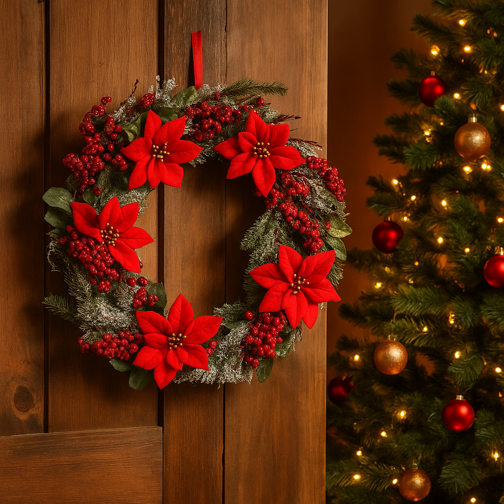 Coronita decorativa pentru Craciun, cu flori Poinsettia, diametru 50 cm, verde si rosu - Image 2
