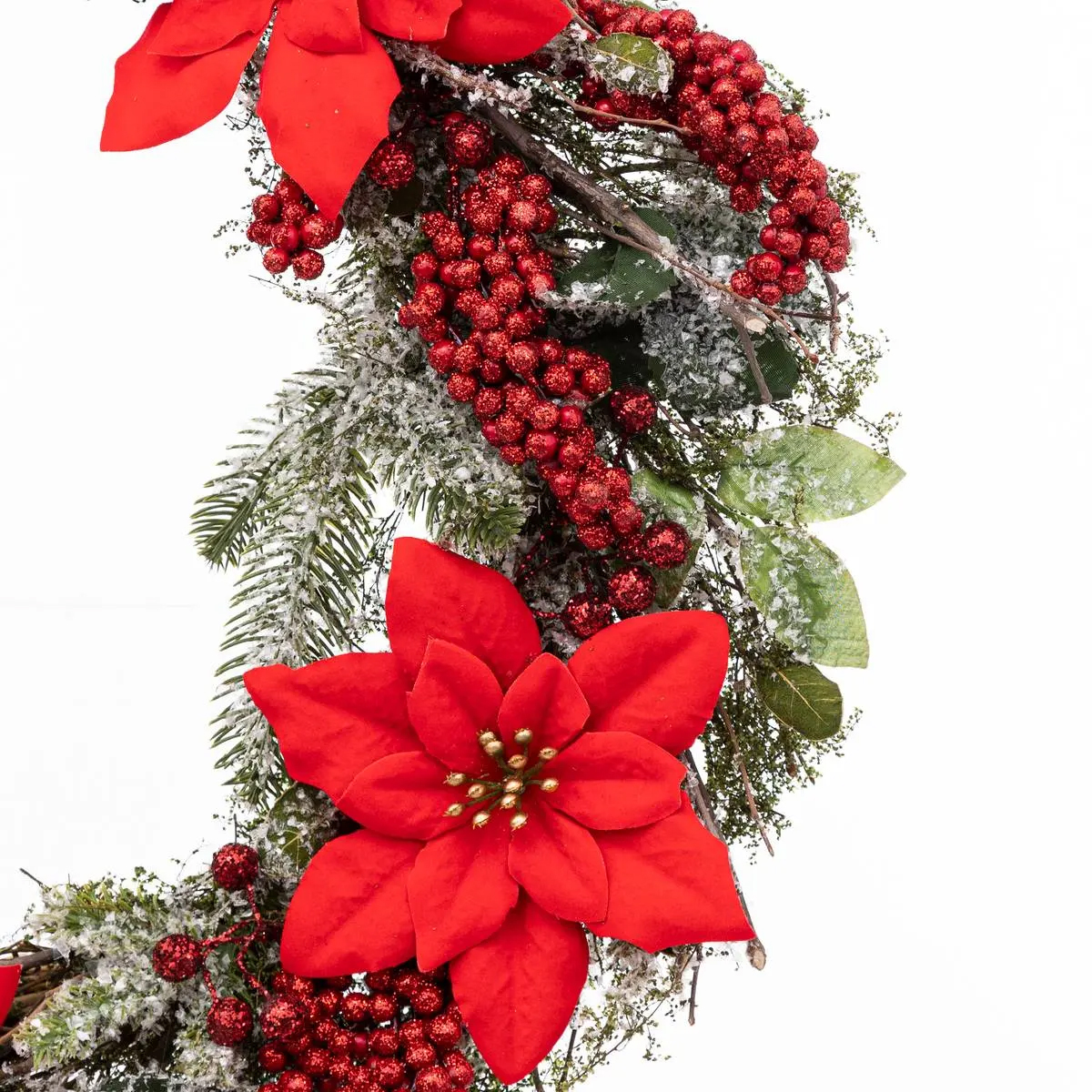 Coronita decorativa pentru Craciun, cu flori Poinsettia, diametru 50 cm, verde si rosu - Image 3