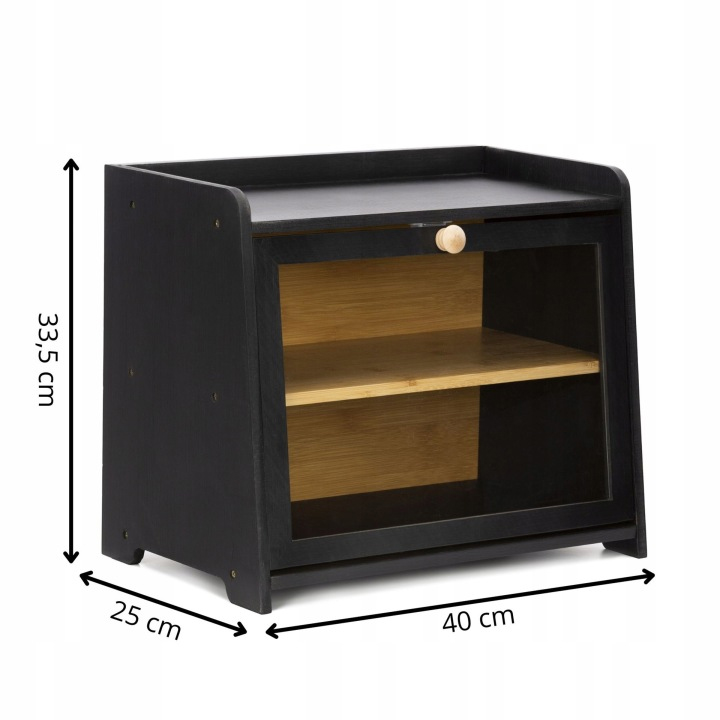Cutie pentru paine cu 2 niveluri din bambus, cu fereastra transparenta si inchidere magnetica, raft suplimentar superior, 40x25x34 cm, negru - Image 5