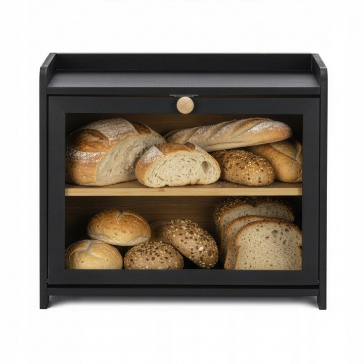 Cutie pentru paine cu 2 niveluri din bambus, cu fereastra transparenta si inchidere magnetica, raft suplimentar superior, 40x25x34 cm, negru - Image 7