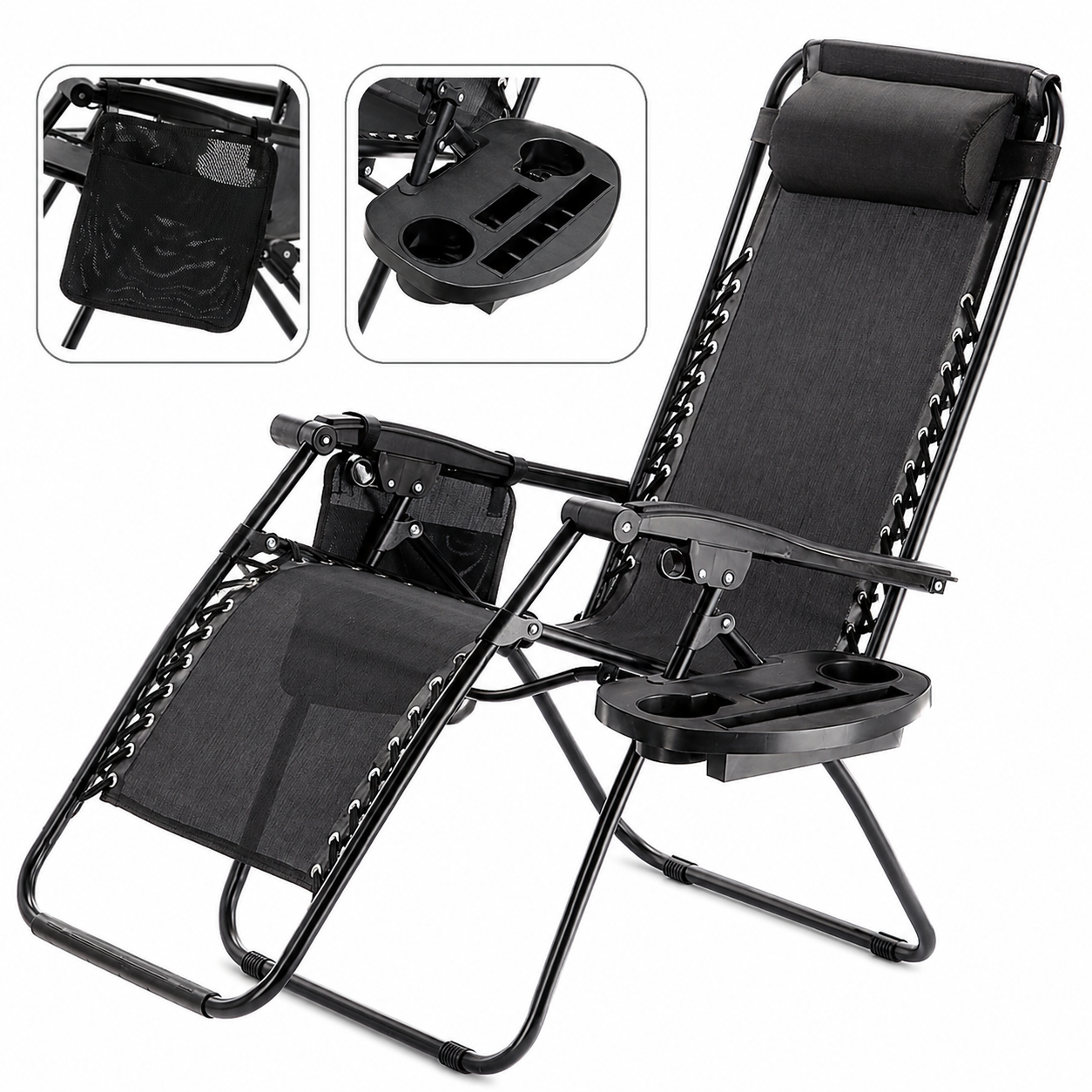 Sezlong pliant cu suport pahar, buzunar si perna, textilene, maxim 120 kg, 65x90x110 cm, negru - Image 6