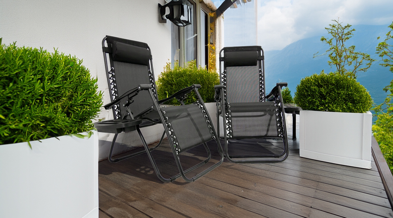 Sezlong pliant cu suport pahar, buzunar si perna, textilene, maxim 120 kg, 65x90x110 cm, negru - Image 10
