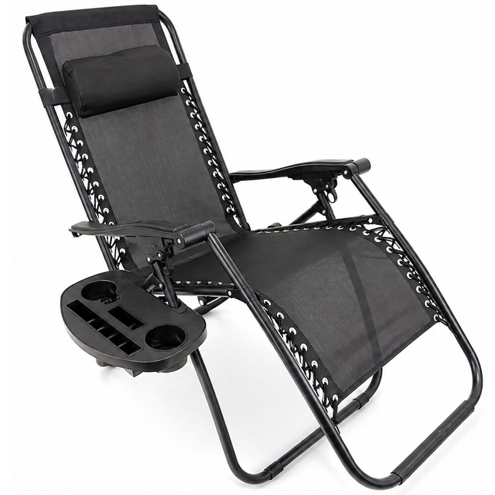 Sezlong pliant cu suport pahar, buzunar si perna, textilene, maxim 120 kg, 65x90x110 cm, negru
