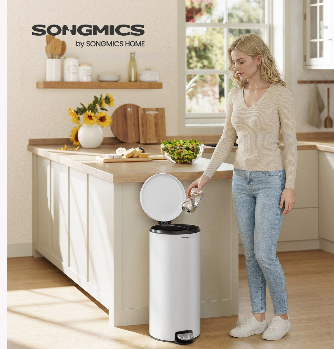SONGMICS Cos de gunoi cu pedala, capac soft-close, galeata detasabila, otel, 30L, saci menajeri inclusi, alb - Image 3