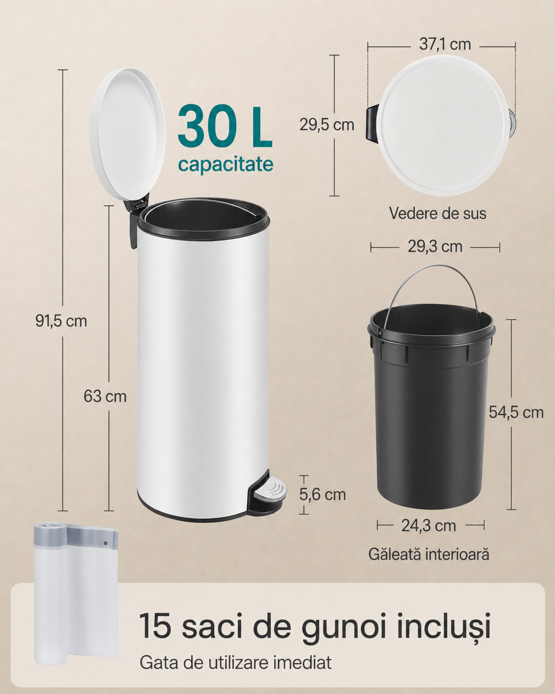 SONGMICS Cos de gunoi cu pedala, capac soft-close, galeata detasabila, otel, 30L, saci menajeri inclusi, alb - Image 5